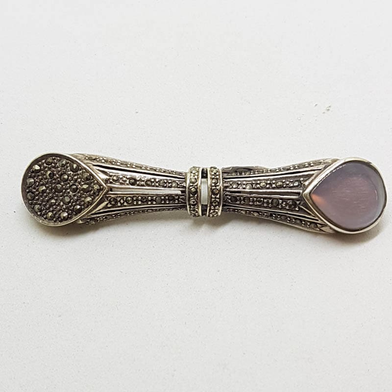 Sterling Silver Marcasite and Mother of Pearl Long Bar Brooch