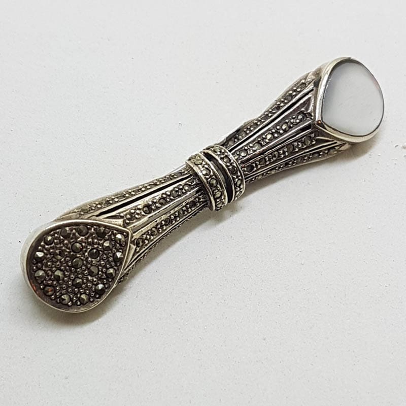 Sterling Silver Marcasite and Mother of Pearl Long Bar Brooch