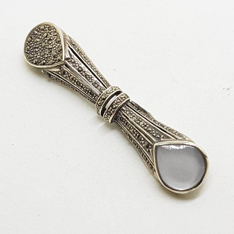 Sterling Silver Marcasite and Mother of Pearl Long Bar Brooch