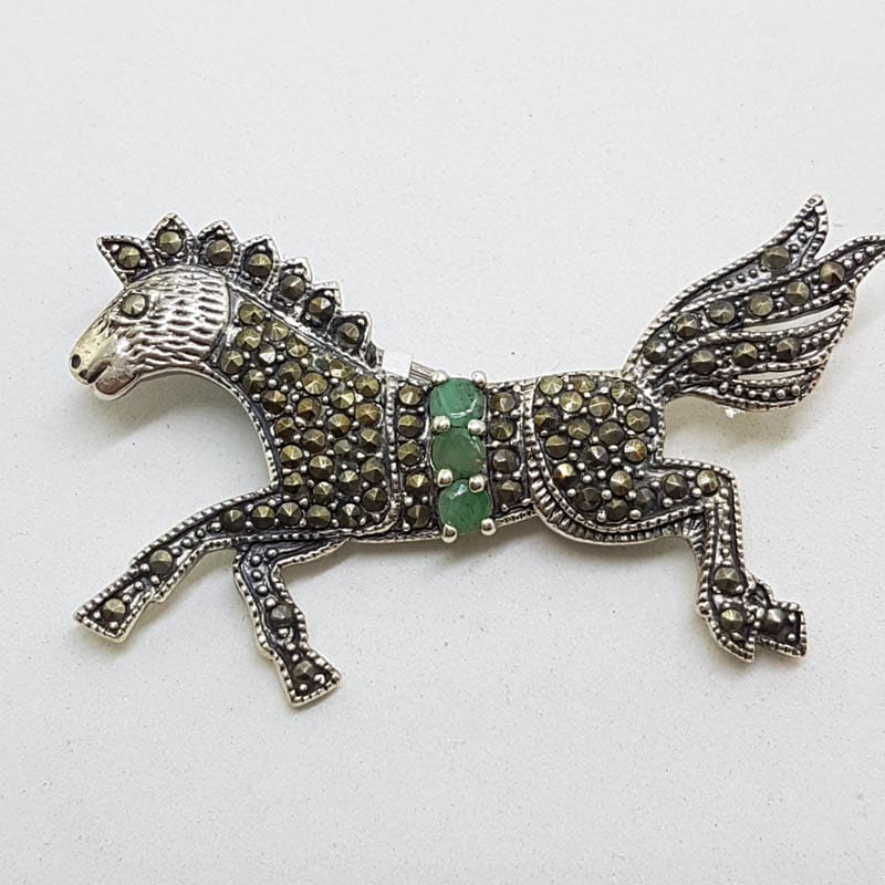Sterling Silver Marcasite &amp; Emerald Large Horse Brooch
