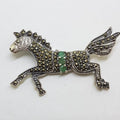 Sterling Silver Marcasite &amp; Emerald Large Horse Brooch