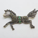 Sterling Silver Marcasite &amp; Emerald Large Horse Brooch