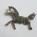 Sterling Silver Marcasite &amp; Emerald Large Horse Brooch