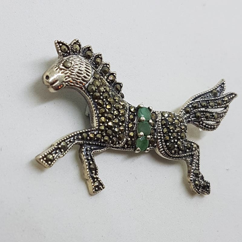 Sterling Silver Marcasite &amp; Emerald Large Horse Brooch