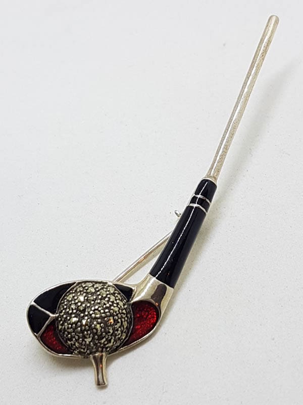 Sterling Silver Black and Red Enamel with Marcasite Golf Club with Ball Brooch