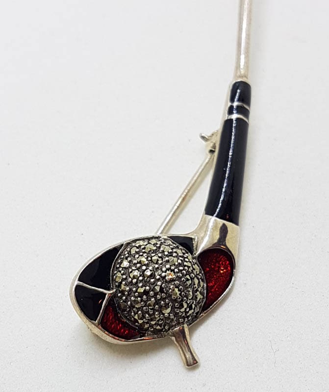 Sterling Silver Black and Red Enamel with Marcasite Golf Club with Ball Brooch