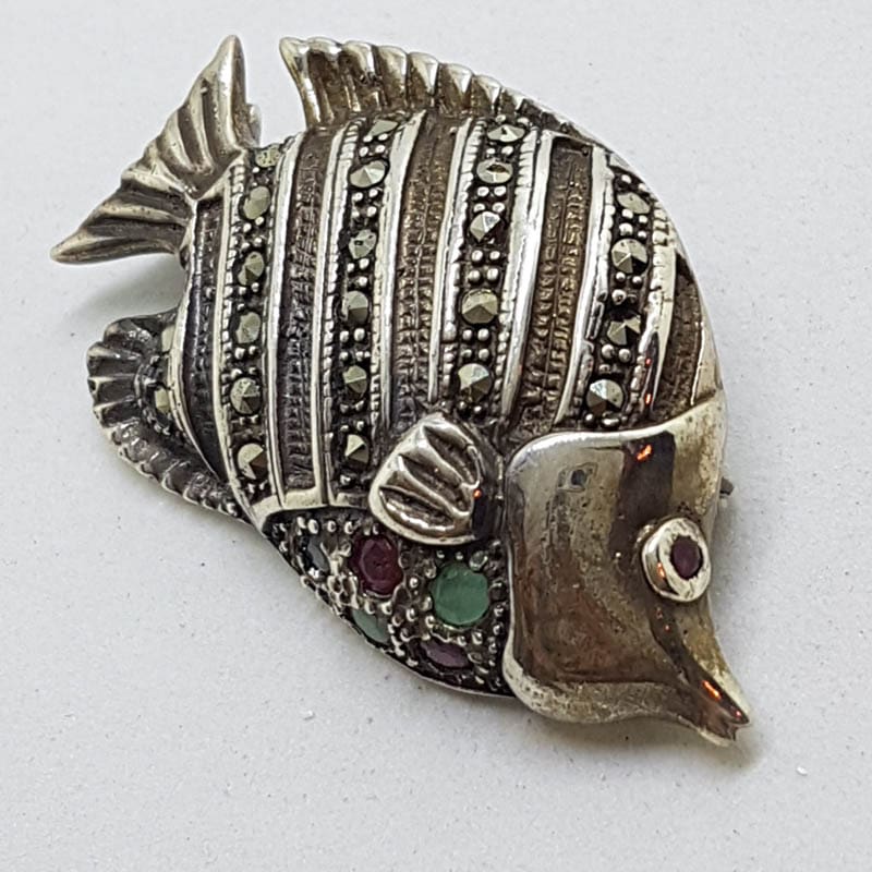 Sterling Silver Marcasite, Sapphire, Emerald &amp; Ruby Fish Brooch