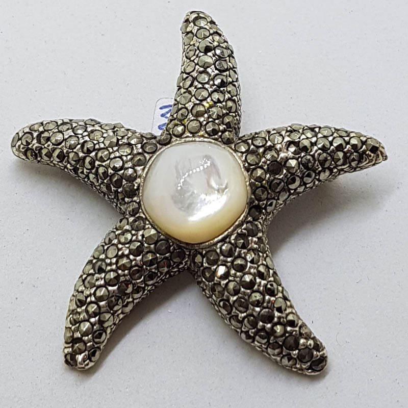 Sterling Silver Marcasite Large Mother of Pearl Starfish Brooch / Pendant
