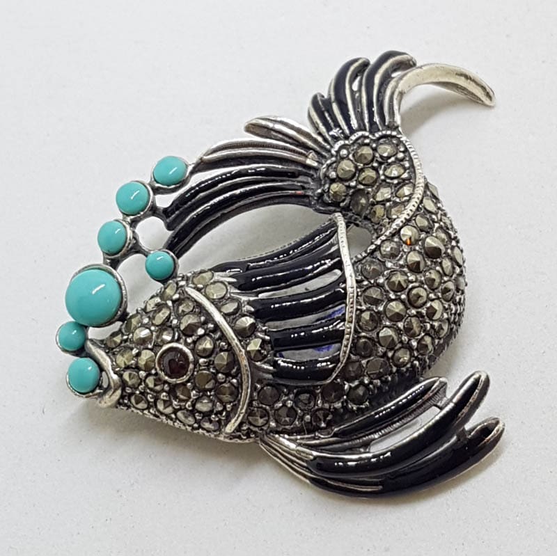 Sterling Silver Marcasite, Blue &amp; Black Large Fish Brooch - Blowing Bubbles