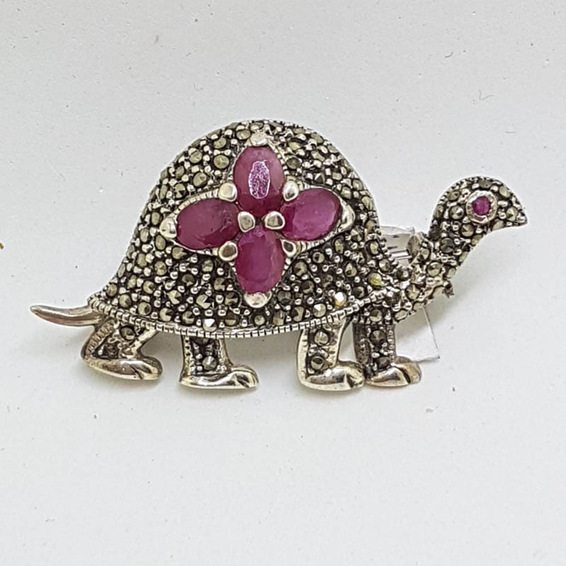 Sterling Silver Marcasite Ruby Turtle Brooch