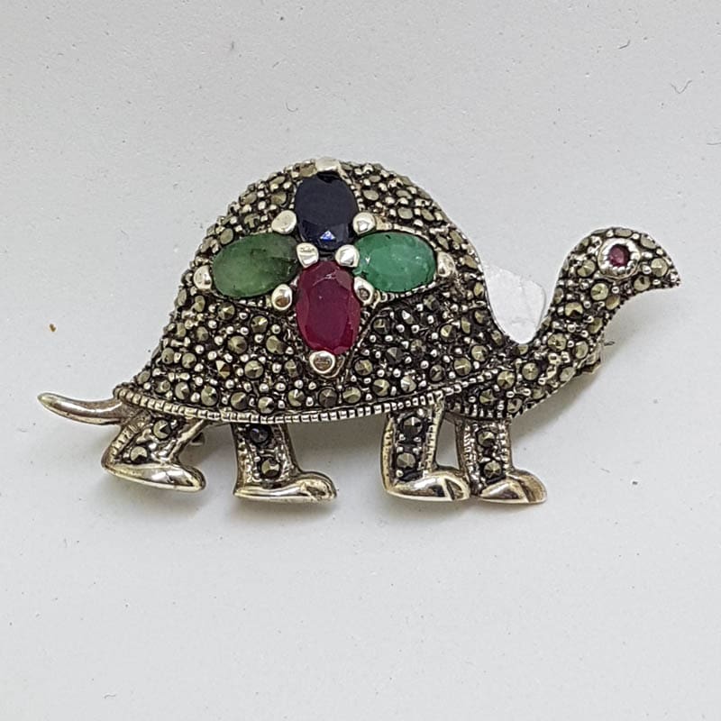 Sterling Silver Marcasite, Emerald, Ruby and Sapphire Turtle Brooch
