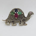Sterling Silver Marcasite, Emerald, Ruby and Sapphire Turtle Brooch