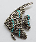 Sterling Silver Marcasite &amp; Blue Large Fish Brooch