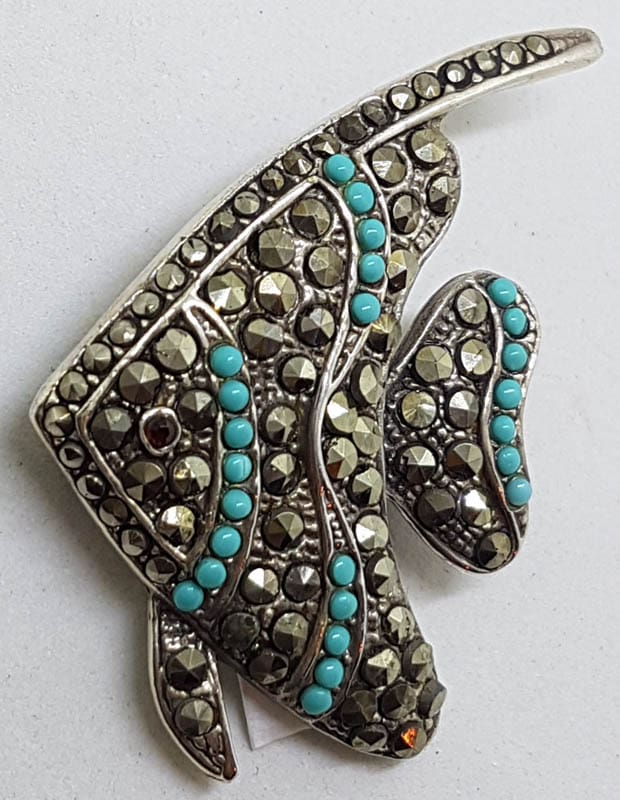 Sterling Silver Marcasite &amp; Blue Large Fish Brooch