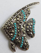 Sterling Silver Marcasite &amp; Blue Large Fish Brooch