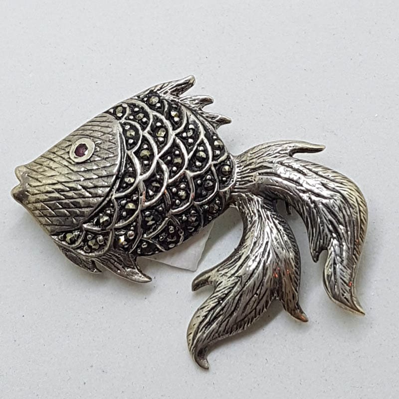 Sterling Silver Marcasite &amp; Ruby Large Fish Brooch