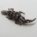 Sterling Silver Marcasite and Garnet Large Brooch - Lizard