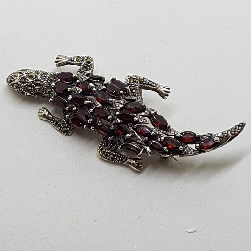 Sterling Silver Marcasite and Garnet Large Brooch - Lizard