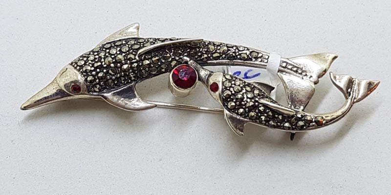 Sterling Silver Marcasite &amp; Red Dolphin /  Fish Brooch