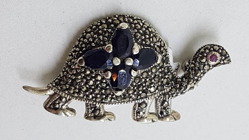 Sterling Silver Marcasite and Sapphire Turtle Brooch