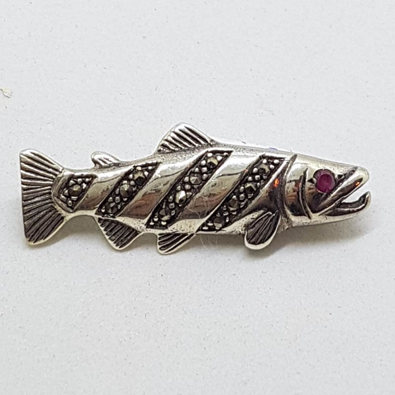 Sterling Silver Marcasite &amp; Ruby Fish Brooch