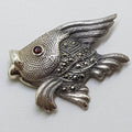 Sterling Silver Marcasite &amp; Garnet Large Fish Brooch
