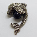 Sterling Silver Marcasite &amp; Black Dolphin / Fish Brooch