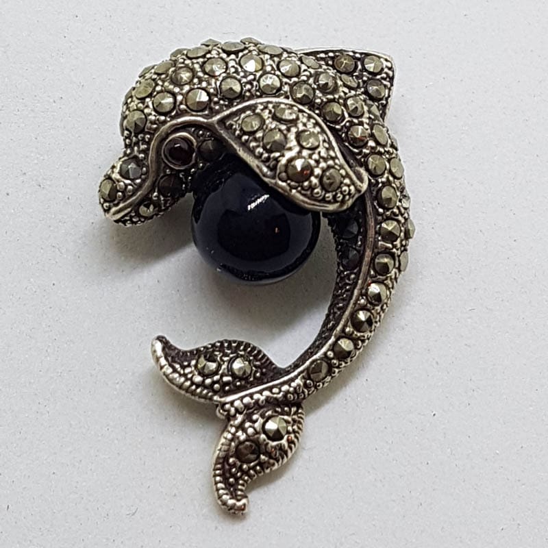 Sterling Silver Marcasite &amp; Black Dolphin / Fish Brooch