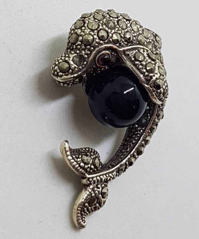 Sterling Silver Marcasite &amp; Black Dolphin / Fish Brooch