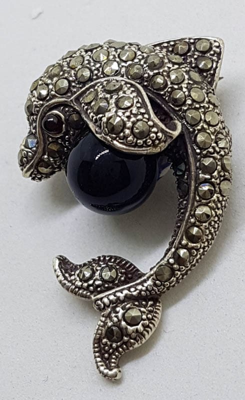 Sterling Silver Marcasite &amp; Black Dolphin / Fish Brooch