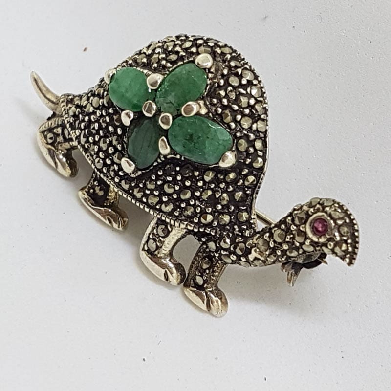 Sterling Silver Emerald and Marcasite Turtle Brooch