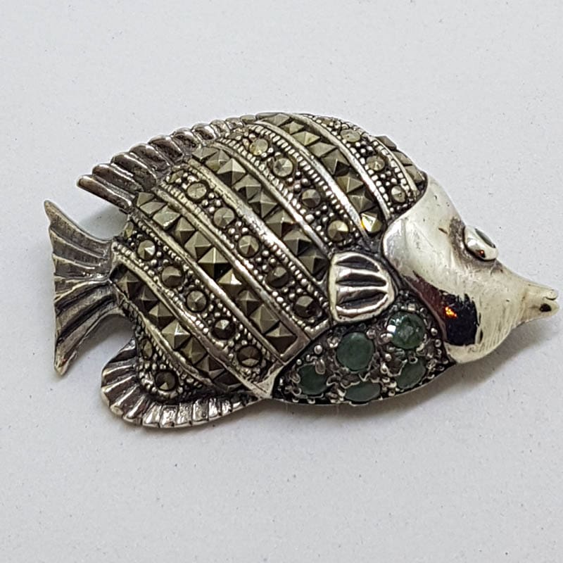 Sterling Silver Marcasite &amp; Emerald Fish Brooch