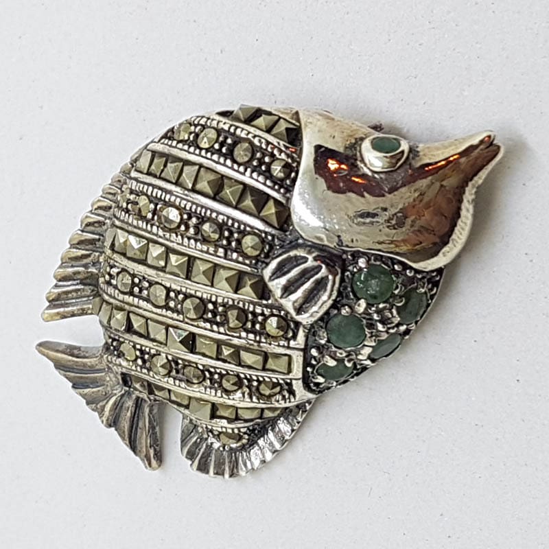 Sterling Silver Marcasite &amp; Emerald Fish Brooch