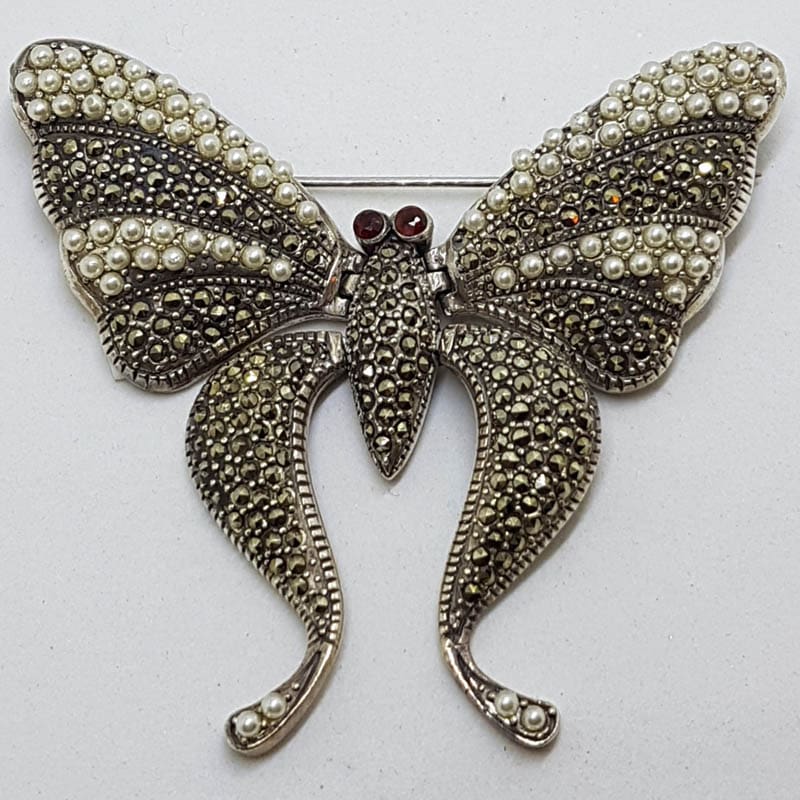 Sterling Silver Marcasite Large Flexible Butterfly Brooch