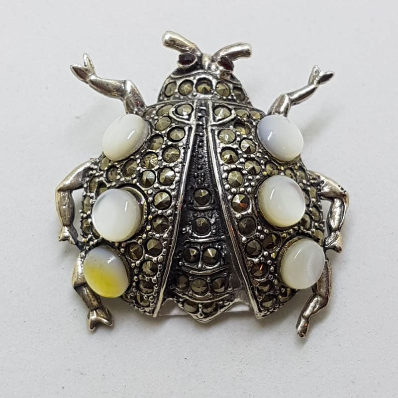 Sterling Silver Marcasite Mother of Pearl Large Ladybird / Ladybug Brooch