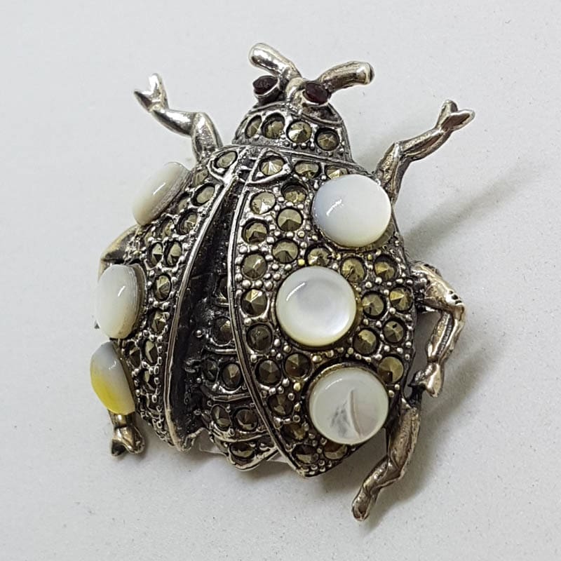 Sterling Silver Marcasite Mother of Pearl Large Ladybird / Ladybug Brooch