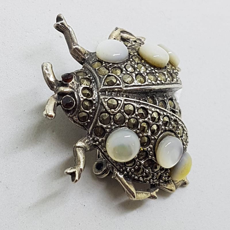 Sterling Silver Marcasite Mother of Pearl Large Ladybird / Ladybug Brooch