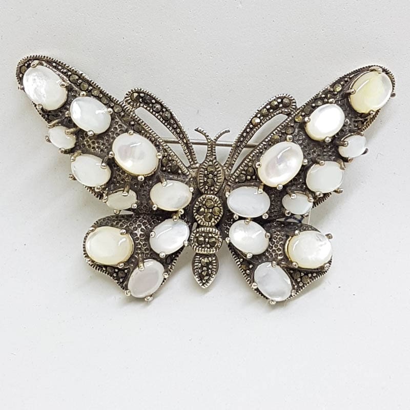Sterling Silver Marcasite and Mother of Pearl Large Butterfly Brooch