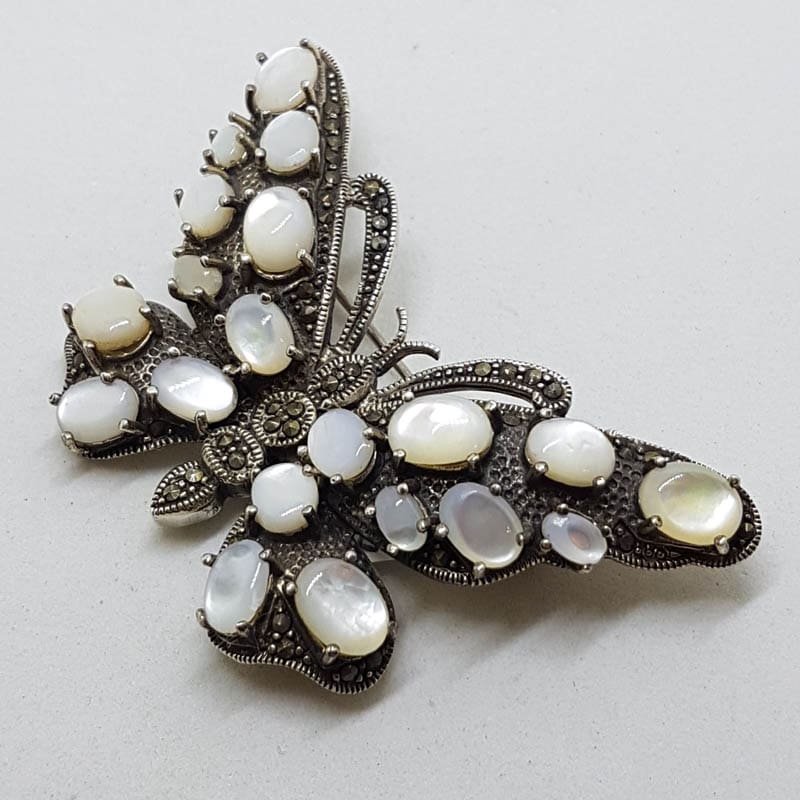 Sterling Silver Marcasite and Mother of Pearl Large Butterfly Brooch