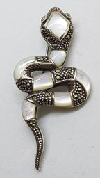 Sterling Silver Marcasite &amp; Mother of Pearl Snake Brooch