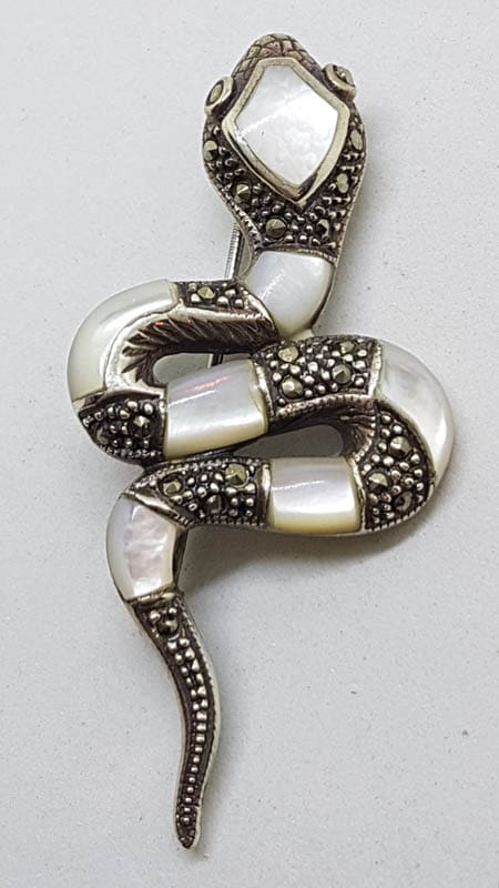Sterling Silver Marcasite &amp; Mother of Pearl Snake Brooch
