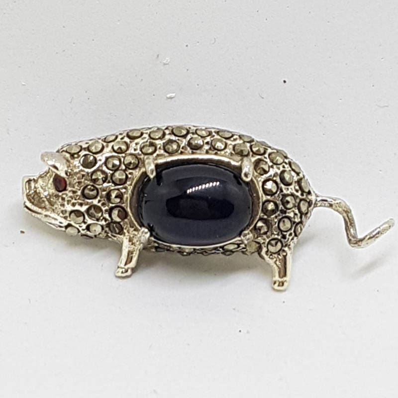 Sterling Silver Marcasite with Onyx Pig Brooch