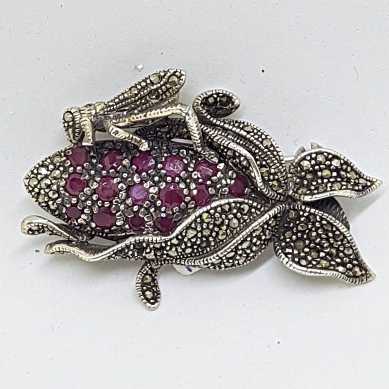 Sterling Silver Large Marcasite and Ruby Grasshopper / Cricket on Corn Cob Brooch - Large