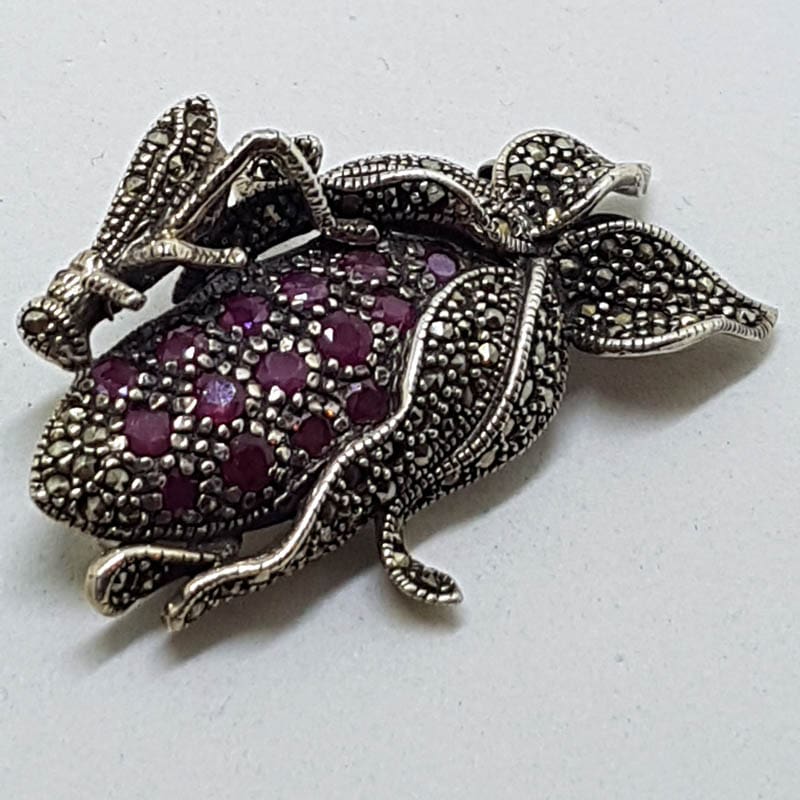 Sterling Silver Large Marcasite and Ruby Grasshopper / Cricket on Corn Cob Brooch - Large