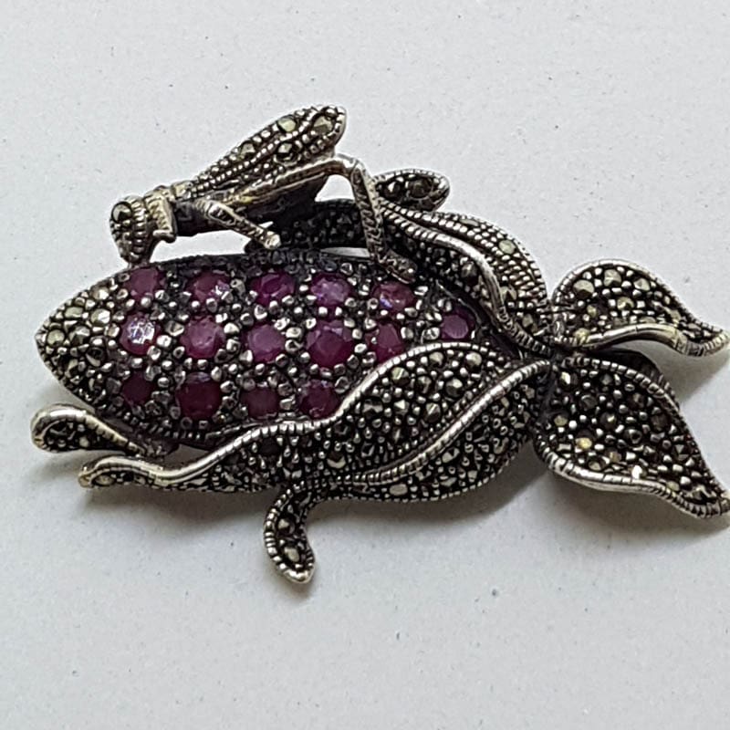 Sterling Silver Large Marcasite and Ruby Grasshopper / Cricket on Corn Cob Brooch - Large