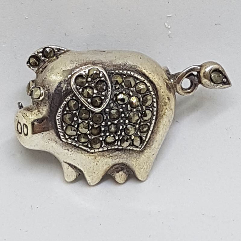 Sterling Silver Marcasite Pig Brooch