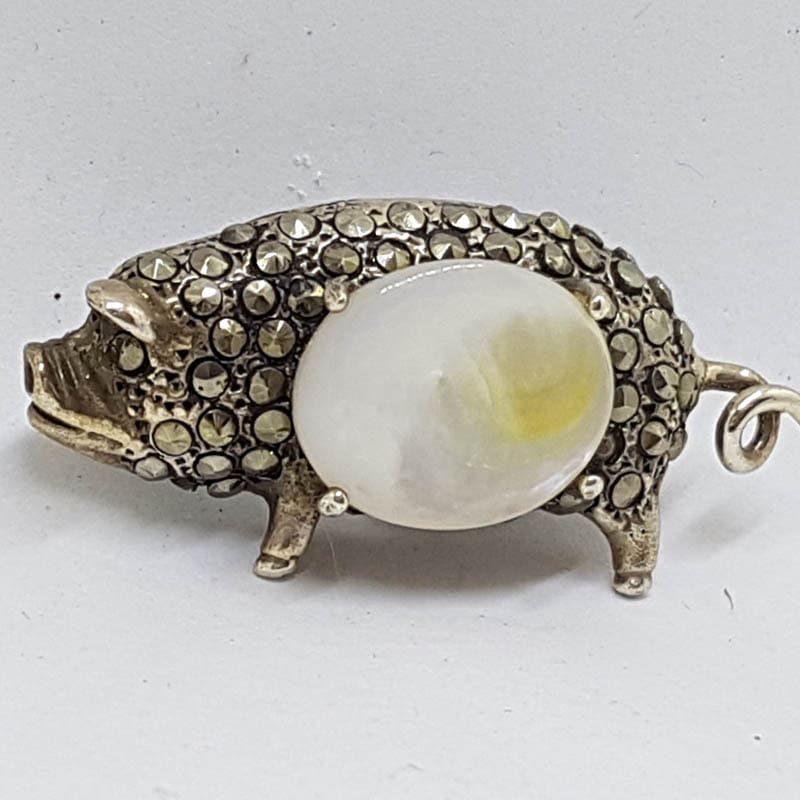 Sterling Silver Marcasite with Mother of Pearl Pig Brooch