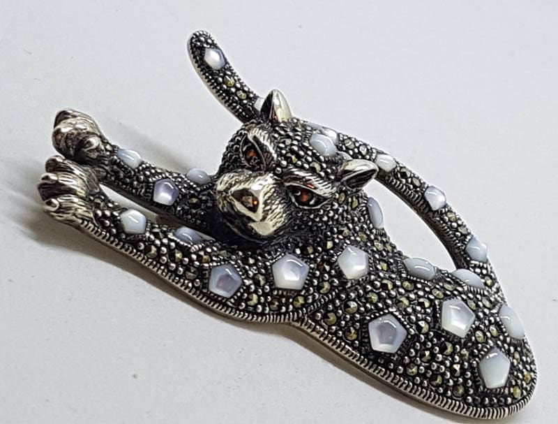 Sterling Silver Marcasite, Garnet &amp; Mother of Pearl Big Cat Brooch - Leopard / Puma / Jaguar - Very Large