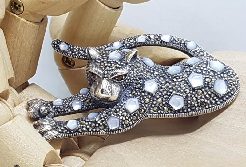 Sterling Silver Marcasite, Garnet &amp; Mother of Pearl Big Cat Brooch - Leopard / Puma / Jaguar - Very Large