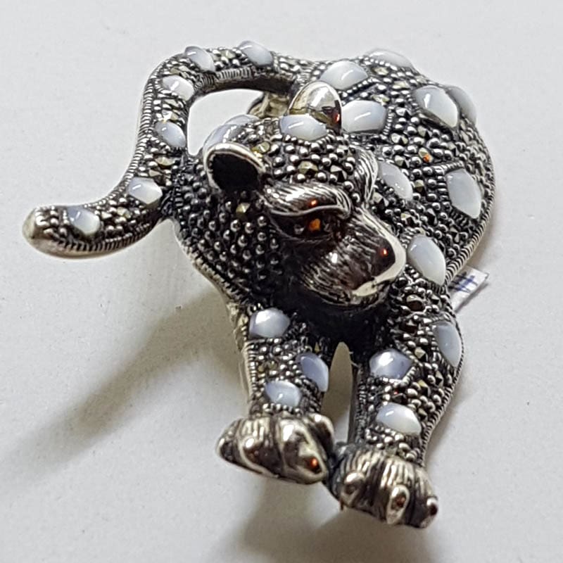 Sterling Silver Marcasite, Garnet &amp; Mother of Pearl Big Cat Brooch - Leopard / Puma / Jaguar - Very Large